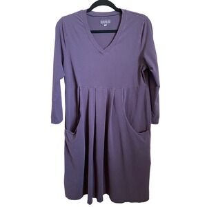 Iridium Purple V-Neck Empire Waist Pleated Pocket Dress 3/4 Sleeve Womens Medium